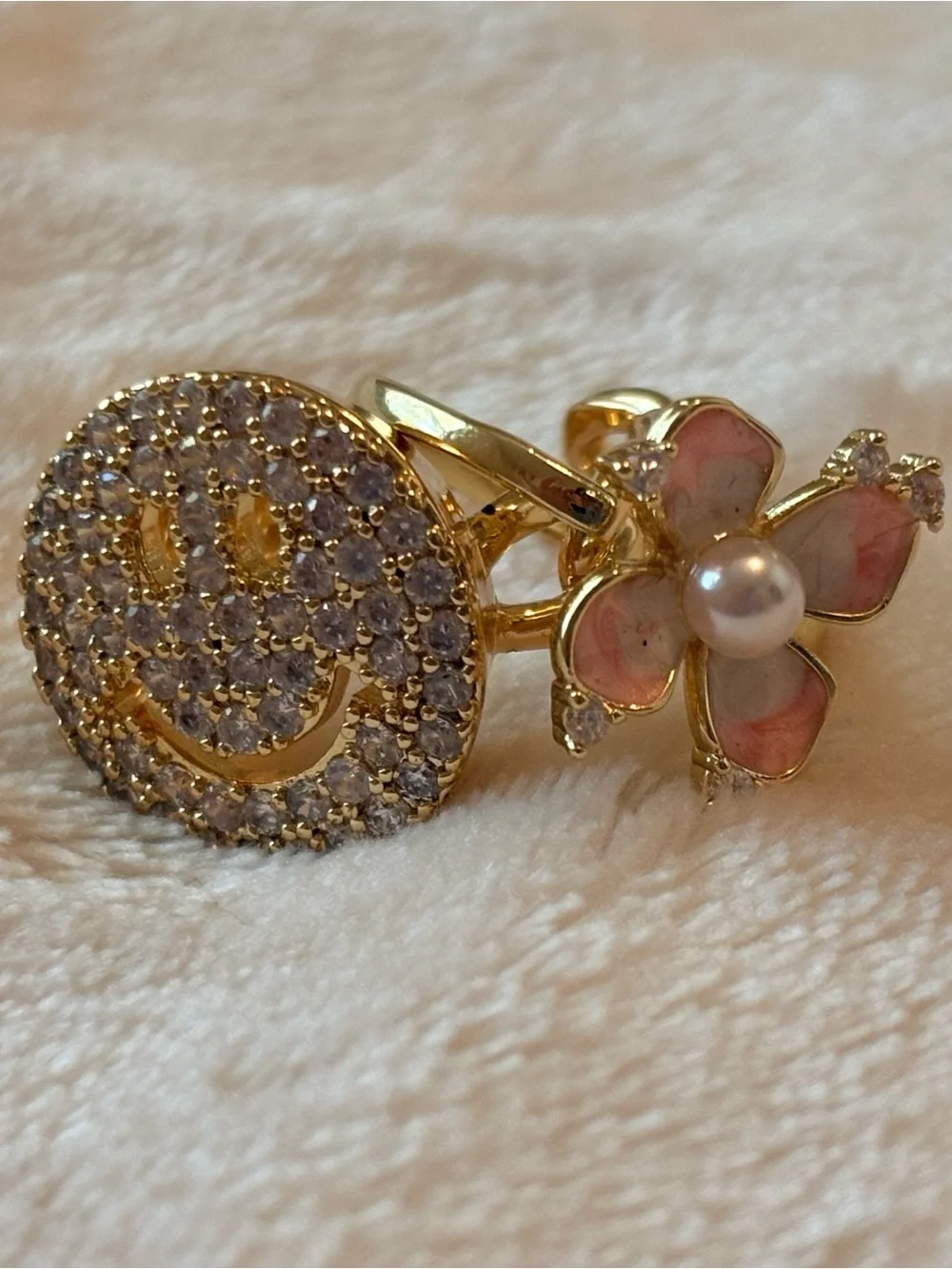 Gold Smiley Face & Pink Flower Adjustable Ring